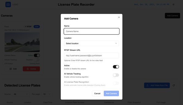 Atriva License Plate Recognition Dashboard